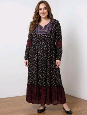 The Pyramid Collection Black Floral Maxi Dress with Embroidered Yoke